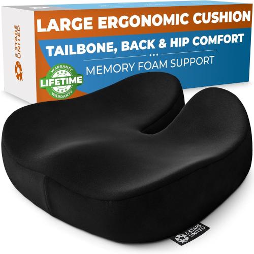 5 STARS UNITED Seat Cushion for Tailbone Pain Relief – Large Memory Foam Cushion for Coccyx, Hip, Sciatica & Post-Surgery Recovery – Wheelchair, Car, Desk, Gaming & Office Chairs, Black, XX-Large