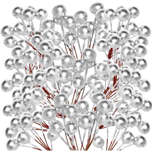 Lystaii 200pcs Artificial Holly Berries Mini 10 mm Christmas Fake Berries with Wire Stems Artificial Berry Fake Berry Stems Picks for Christmas Tree Decorations Wreath Craft Wedding Party (Silver)