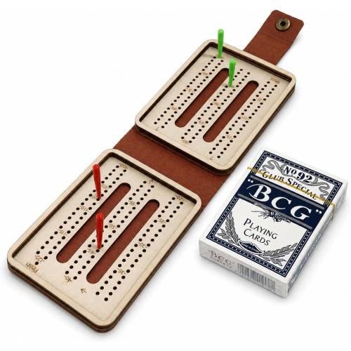 Portable Cribbage Board Set, Premium Leather Foldable Cribbage Game with Playing Card & Pegs, Pocket Size for Camping, Travel, Adventures & Unique Gift for Father's Day, Christmas & Cribbage Lovers