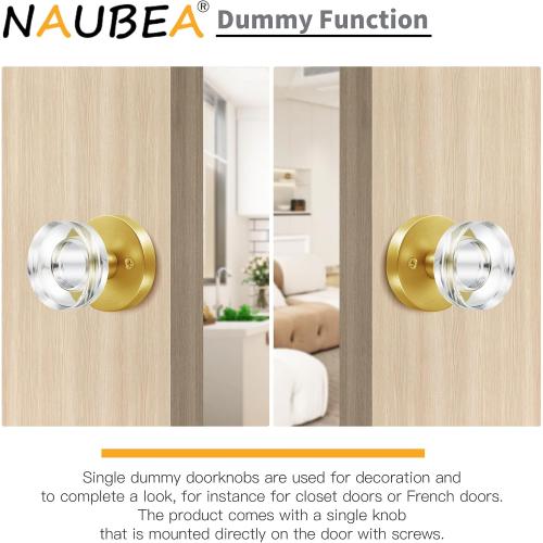 2 Pack Gold Glass Dummy Door Knob Satin Brass Crystal Dummy Door Knobs Interior, Round Modern Door Knob Brushed Gold Dummy Door Handle Interior for Hall Pantry Closet Door Knobs