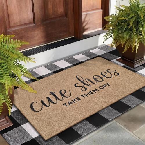 Welcome Mat for Front Door Outdoor Entryway Cute Shoes Take Them Off Indoor Mats with Rubber Backing Doormat Non Slip Easy to Clean Natural Outside Brown