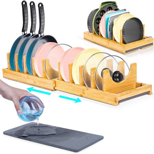 [Adjustable] Bamboo Pots and Pans Organizer Under Cabinet - Diatomite Base