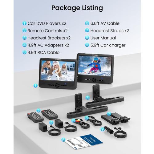 WONNIE 10 Car DVD Players, Portable DVD Player Dual Screen Play the Same or Two Different Movies with 5 Hours Rechargeable Battery, 2 AC Adapters, Headrest Mounts, All Regions, Support USB/SD/Sync TV