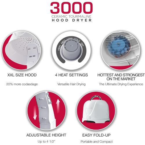 Red by Kiss 3000 Ceramic Tourmaline Professional Hood Dryer, 4 Heat Settings Blow Dryer for Home & Salon, Height Adjustable Convenient Big Hood Size Extra Coverage (1875 Wattage)