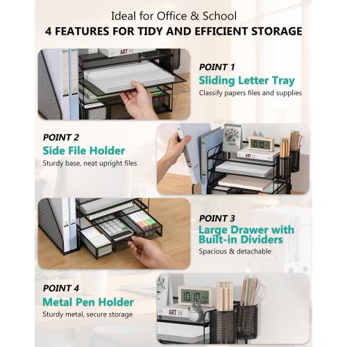 WALI Desk File Organizer, 4 Tier Desktop Paper Letter Tray Organizer with Drawer and 2 Pen Holders, Office Desk Accessories & Workspace Organizers for Office, Home Supplies(DO005DH-B), 1 Pack, Black