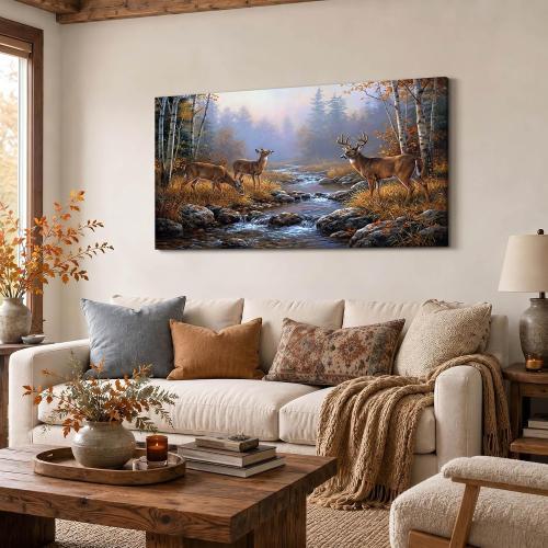 Ardakar Deer Wall Art Autumn Forest Canvas Print Wildlife Landscape Painting Framed Yellow Rustic Nature Animal Pictures for Cabin Living Room Bedroom Decor (Framed, 48 L x 24 W)