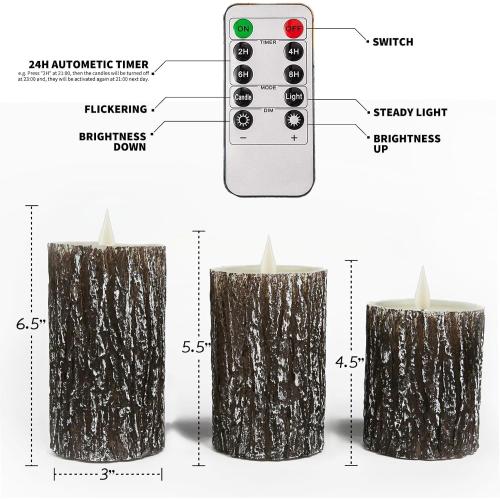 NICEME LED Pine Bark Flameless Candles Set of 3 Real Wax Battery Operated Candles Flickering Teardrop Wick Electric Decorative Pillar Bark Candles with Remote Timer, D3 x H4 5 6