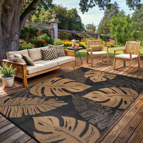 Outdoor Rug 9x18 Patio Waterproof, Foldable Reversible Outdoor Plastic Straw Rug Leaf Mat for Camper Outside Carpet for Rv, Deck, Porch, Picnic, Beach, Balcony Leaf|Black&Brown