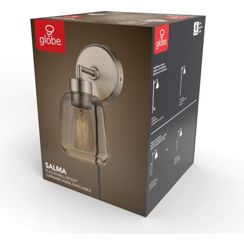 Globe Electric 1-Light Matte Brass Plug-in or Hardwire Wall Sconce with Smoked Amber Glass Shade and in-Line On/Off Switch