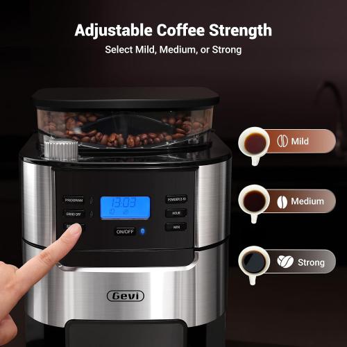 Gevi 10-Cup Grind-And-Brew Drip Coffee Maker with Built-In Burr Grinder | Programmable Timer, 1.5L Water Tank, 2-Hour Auto Keep-Warm, Durable Reusable Permanent Filter for Daily Coffee Brewing
