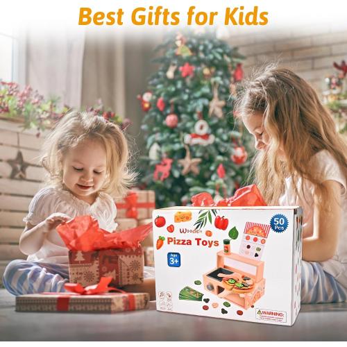 Wooden Pizza Toy, Wooden Pizza Counter Playset with Bake Oven, Montessori Pretend Play Toys, Play Food and Accessories, Cooking Pretend Play Toys for Boys Girls Age 3