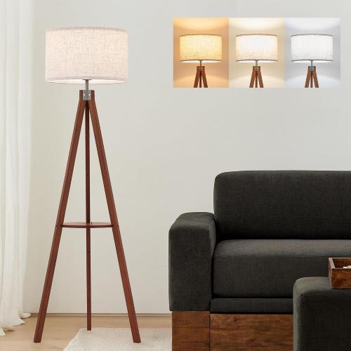 ELYONA Mid Century Floor Lamp with 3 Color Temperatures LED Bulb, Modern Wood Tripod Table Reading Standing Light, Wooden Shelf Floor Lamp for Farmhouse Living Room Bedroom Office Linen Shade Brown