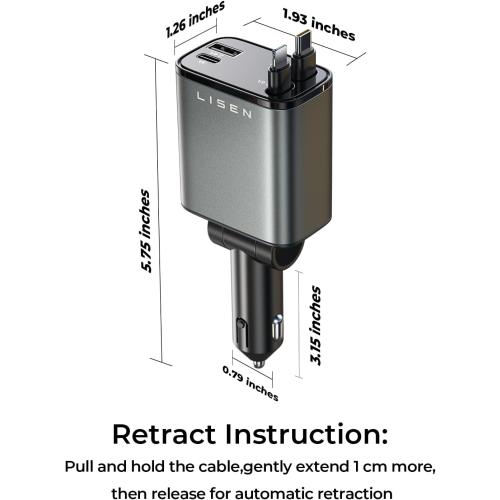 LISEN Retractable Car Charger, Gifts for Him Her, Cars Adapter USB C Fast Charger, Car Accessories Gadgets for Men Women Travel Essentials Gifts for iPhone 17 16 15 14 13 12 Pro Max, Samsung S26 S25