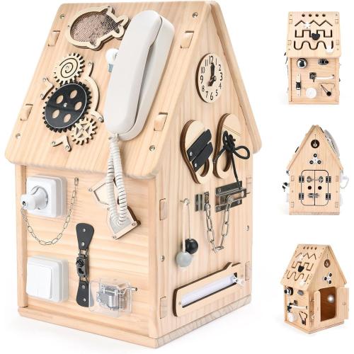 Montessori Wooden Busy House - Busy Board Toy for Toddlers - Preschool Learning Educational Toys - Sensory Board for Fine Motor Skills, Gifts for Babys Boys & Girls