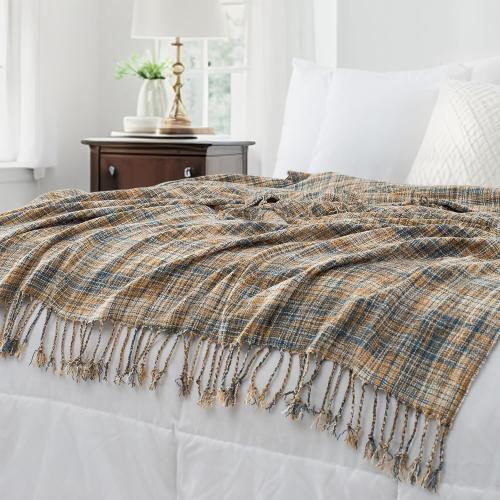 Chenille Throw Blanket for Couch with Tassels,60X80 Soft Lightweight Knitted Boho Decorative Blankets for Bed and Sofa,Blue and Yellow