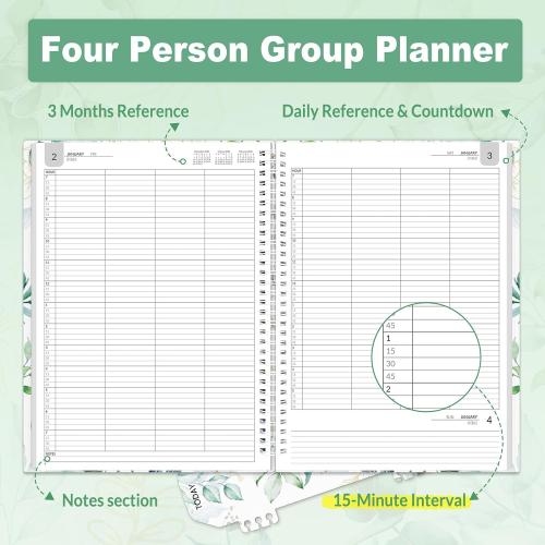 SUNEE 2026 Daily Planner,4-Person Group Appointment Book with Quarter-Hourly Layout. Weekly & One-Page-Per-Day Format, Jan to Dec 2026, 8.5x11,Weekly Planner, Flexible Cover, Note Pages, Bookmark,Greenery