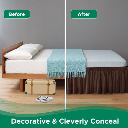 Biscaynebay Wrap Around Bed Skirts for Queen Beds 17 Long Drop, Brown*** Adjustable Elastic Dust Ruffles Easy Fit Wrinkle & Fade Resistant Silky Luxurious Fabric Solid Machine Washable Queen size