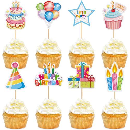24Pcs Happy Birthday Cupcake Toppers Colorful Birthday Party Cupcake Picks Party Hat Gifts Box Birthday Candle Food Picks for Baby Shower Boys Girls Kids Birthday Party Decorations
