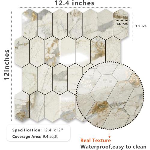 Vamos Tile Long Hexagon Peel and Stick Backsplash Tile - 10 Sheets Stick on Backsplash for Kitchen and Bathroom 12.4 x 12 Inch Glossy Pandora Marble with Gold Veining PVC Self Adhesive Wall Tiles