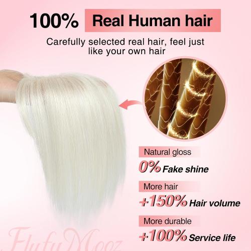 Flufymooz Real Human Hair Toppers for women, 10 Inch Clip in Bangs 100％ Human Hair Toppers for Thinning Hair, Cover Hairpiece with 150% Density Silk Base-White Blonde