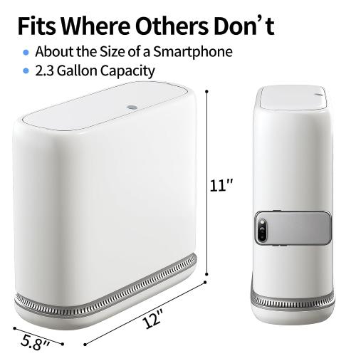 Small Bathroom Trash Can with Lid, 2.3 Gallon Slim Trash Can, Narrow Garbage Can with Hidden Liner & Auto-Smooth Bag Fit, Press-to-Open Lid, White, for Bathroom, Bedroom, Office, Kitchen