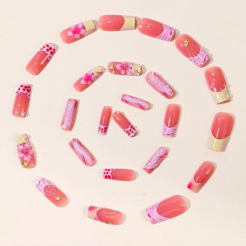 24Pcs Summer Flower Press on Nails Medium Square Fake Nails with 3D Gold Starfish Beads Pearl Design Glossy Pink Floral False Nails Full Cover Glue On Nails Yellow French Tip Stick on Nails for Women