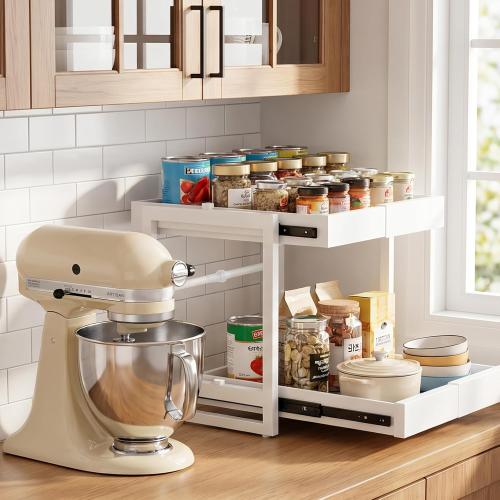 2-Tier Expandable Pullout Cabinet Organizer,Adjustable Width Metal Shelves