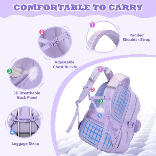 Backpack for School, Kids Backpacks for Girls, Girls Cute Bookbag for Teens, Schoolbag for Elementary Middle School Students, Girl Backpacks Ages 6-8, With Coin Purse, Travel, Camp, Purple Plaid