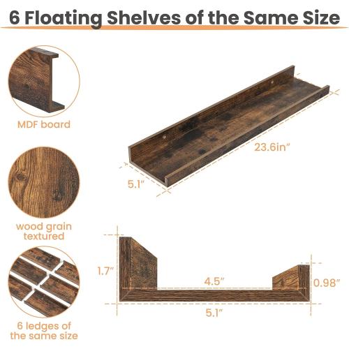upsimples Floating Shelves for Wall Decor and Storage, Brown, 6Pcs 23.6''