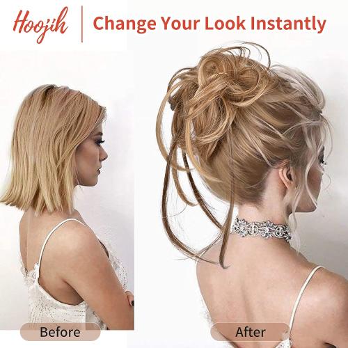 HOOJIH Messy Bun Hair Piece - Super Long Tousled Updo Extensions, Wavy Wrap Ponytail With Elastic Band for Women Girls - Ash Brown