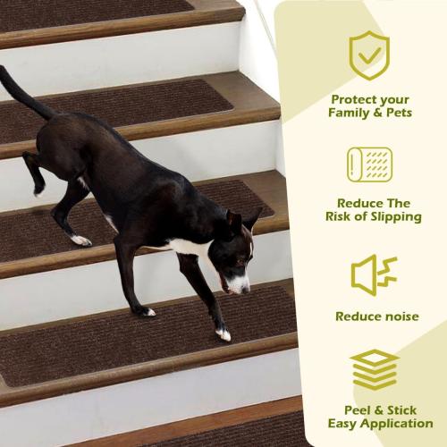 Stair Treads Non-Slip 16 Pack 8x30 - Carpet Stair Runner for Indoor Wooden Steps with TPE Backing & Anti-Skid Surface, Reusable Adhesive Safety Rug for Kids/Elder/Pet-Friendly - Brown