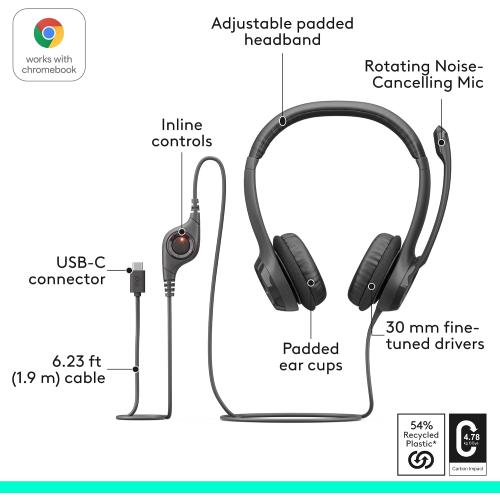 Logitech H391 Wired Headset PC/Laptop Stereo Headphones, USB-C, Graphite