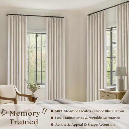 Cream Beige Linen Pinch Pleat Black Out Curtains 84 Inch Length 2 Panels