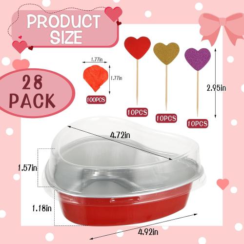 CIEOVO 28 Pack Heart Shaped Cake Pans with Spoons Baking Kit, 255ml/8.7oz Disposable Red Cake Pans with Lids Aluminum Heart Cake Pans for Valentine's Day Mother's Day Wedding Bridal Shower Baking