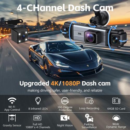 4 Channel 360° Dash Cam Front and Rear Inside, 64GB Card Included