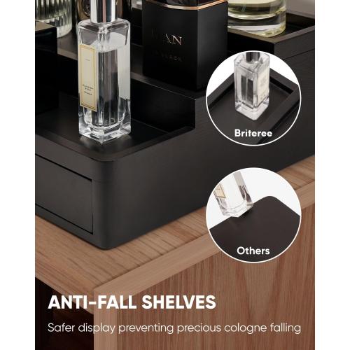 Cologne Organizer for Men, 3 Tier Wooden Cologne Stand with Drawer Storage and Hidden Compartment, Perfume Display Holder for Dresser, Great Gifts for Men and Women Valentine, Black