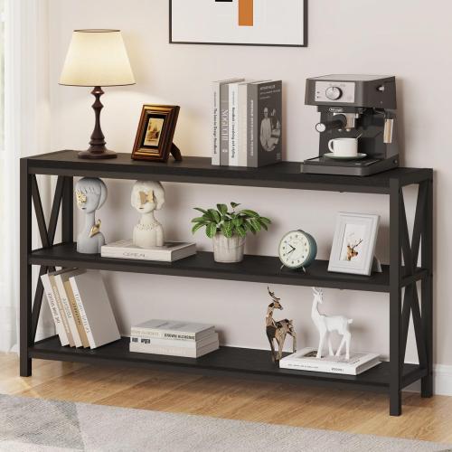 FATORRI Console Table for Entryway, Long Sofa Table with Shelves Under Window, Wood and Metal Hallway Tables for Foyer (55 Inch, Black)