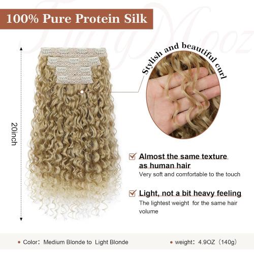 Clip in Hair Extensions, FLUFYMOOZ 4PC 100％ Pure Protein Silk Hair Extensions Long Soft Natural Hairpiece 20 Inch Curly Hair Extension for Women (Medium Blonde to Light Blonde)