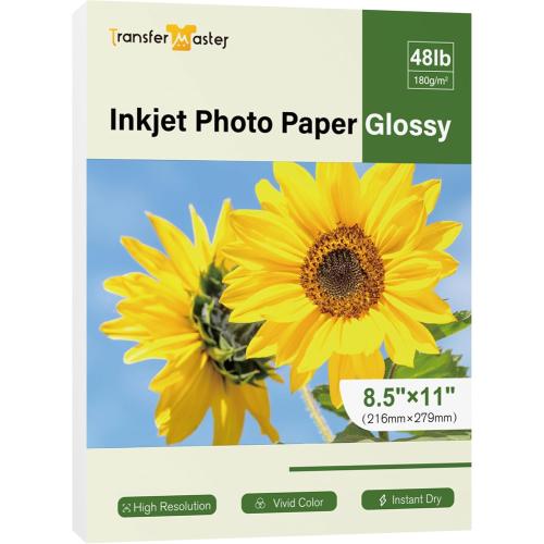 Glossy Photo Paper 8.5x11 Inch 48lb 180gsm Professional Glossy Photographic Paper Letter Size Instant Dry Work for Inkjet Printers Dye Ink 30 Sheets by Transfer Master