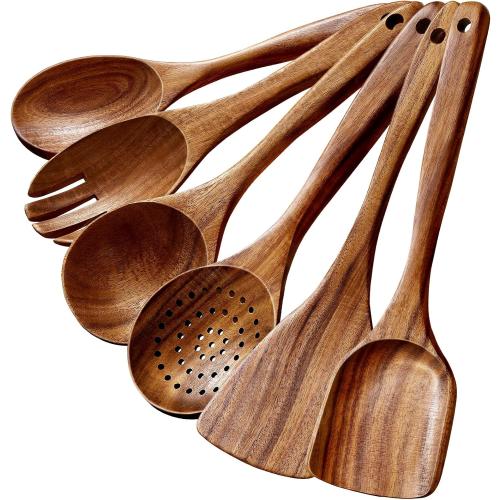 MISSING ONE 6-Piece Natural Teak Wooden Utensils Set, Wooden Spoons Set for Cooking - Heat Resistant, Natural Healthy Spatula Set with Hanging Holes - Durable, Scratch-Free & Handcrafted