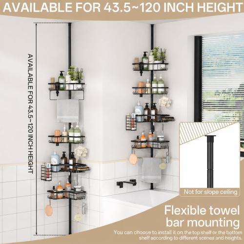 DTUQYX Corner Shower Caddy Tension Pole, 4-Tier Adjustable 43.5-120 Inch Rustproof Bathroom Organizer, L-Shaped Metal Shelf with Soap Toothbrush Holder & Upside-Down Bottle Slots for Home Apartment RV