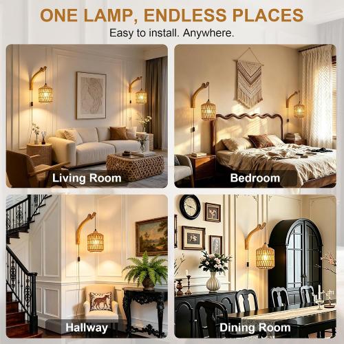 Frideko Rattan Wall Lamp with Plug in Cord Hand Woven Plug in Wall Sconces Paper Rope Wall Light Farmhouse Wall Sconce Wall Mounted Light Boho Wall Sconces Wall Lighting for Bedroom Living Room