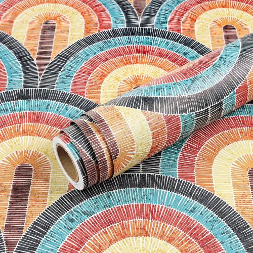 Livelynine 17.5x276 Retro Mid Century Modern Peel and Stick Wallpaper Vintage Rainbow Vinyl Bohemian Bathroom Wallpaper Waterproof Renter Friendly Contact Paper Roll Watercolor Brown Yellow Coral