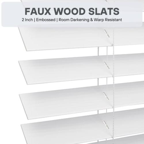 Lotus & Windoware Cordless 2 Faux Wood Room Darkening Horizontal Blind, 28 W x 60 L, Bright White, Embossed