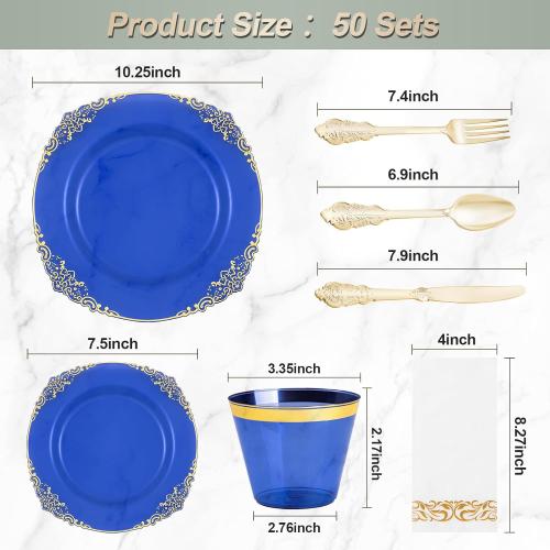 Bestluck 350PCS Clear Blue Plastic Plates for 50 Guests