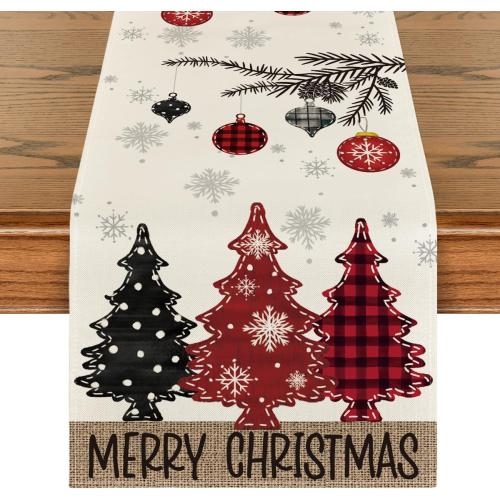 Artoid Mode Red Pine Trees Merry Christmas Table Runner, Winter Xmas Holiday Kitchen Dining Table Decoration for Home Party Decor 13x72 Inch