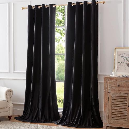 Velvet Black Grommet Blackout Curtains 84 inch Length for Living Room