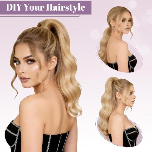 FELENDY Ponytail Extension 16 Claw Clip in Ponytails Hair Extensions Long Wavy Pony Tails Natural Looking Synthetic Hairpiece for Women Blonde Mix Light Brown