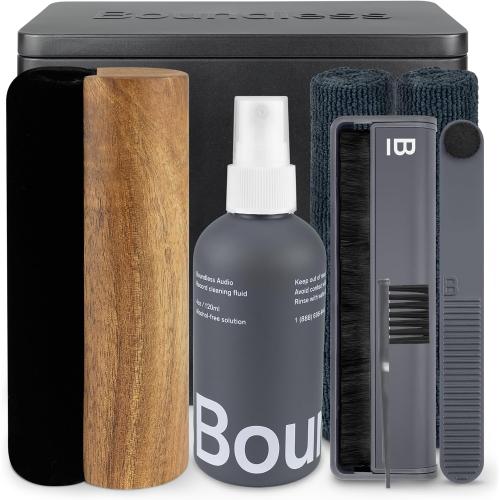 Boundless Audio Vinyl Record Cleaning Kit - 8-in-1 Vinyl Cleaner Kit Includes Carbon Fiber & Velvet Record Brushes, Stylus Brush, Cleaning Solution, Microfiber Cloths & Metal Case