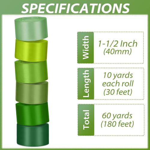 1-1/2 in Green Single‑Faced Satin Ribbons for Crafts Gift Wrapping, 6 Rolls